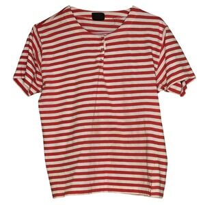 Lizsport‎ Red Striped Short Sleeve Henley T Shirt Womens Casual Stylish Top